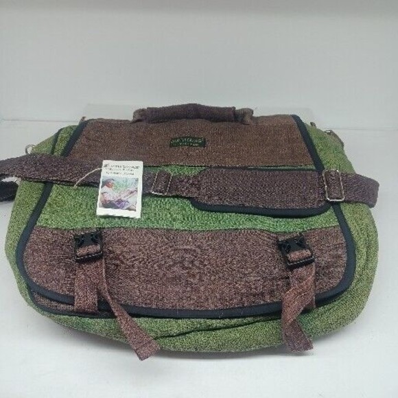 Earth Divas Fair Trade Made GRN/BRN Hemp Shoulder Bag/LAPTOPGreat Pockets! NWT! - Picture 1 of 11